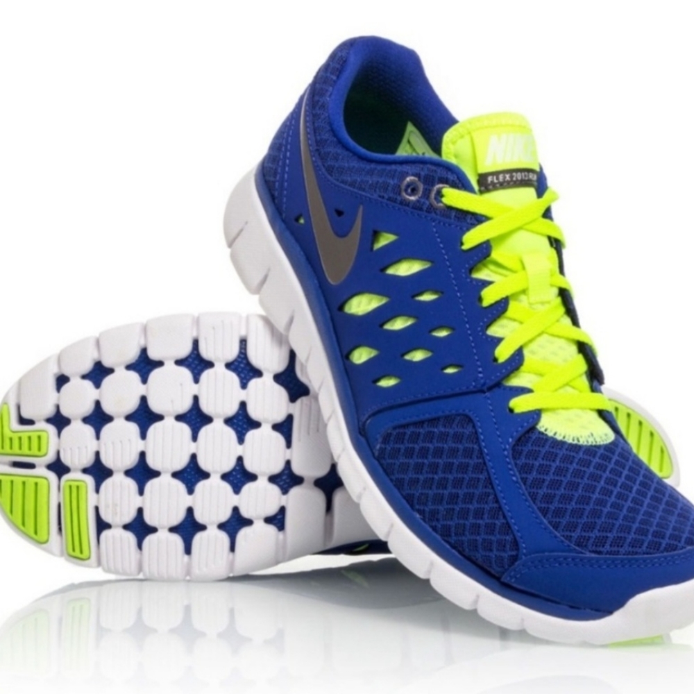 Nike Flex 2013 RN - Mens Running Shoes. Royal Blue Neon Yellow Strings. Size 13